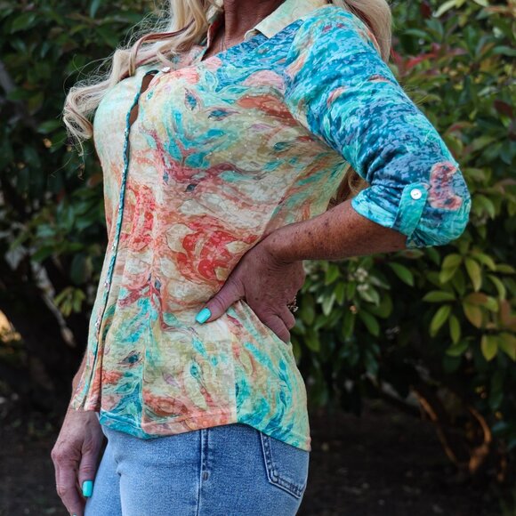 NWT Sparkling Citrus: Long Sleeve Button-Down With Orange Paint Splatter - Picture 2 of 6